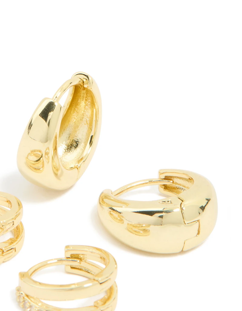 Gold Plated Brass Cubic Zirconia & Smooth Huggie Earrings 2-Pack