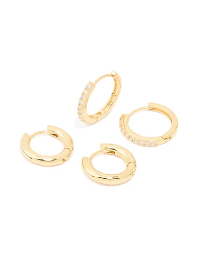 Gold Plated Brass Cubic Zirconia Thin Medium Huggie Earrings Pack
