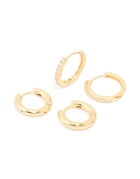 Gold Plated Brass Cubic Zirconia Thin Medium Huggie Earrings Pack