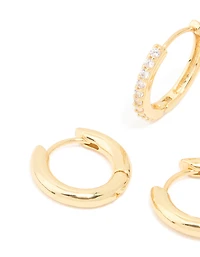 Gold Plated Brass Cubic Zirconia Thin Medium Huggie Earrings Pack