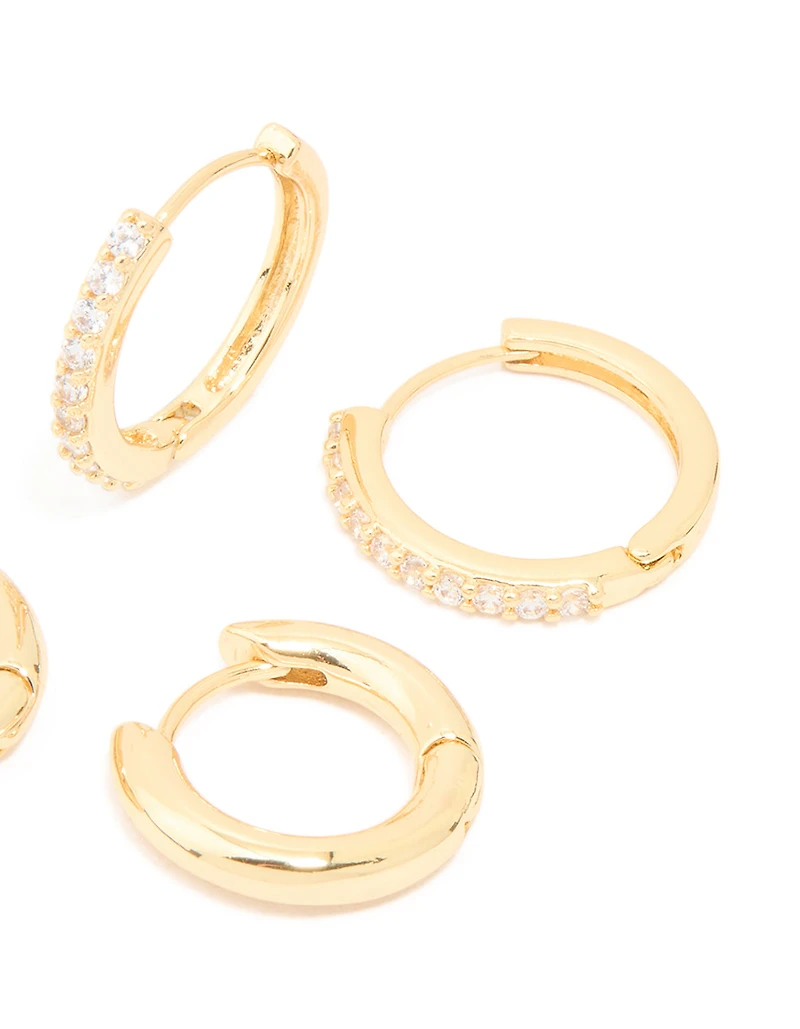 Gold Plated Brass Cubic Zirconia Thin Medium Huggie Earrings Pack