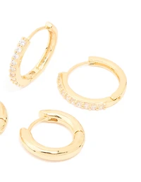 Gold Plated Brass Cubic Zirconia Thin Medium Huggie Earrings Pack