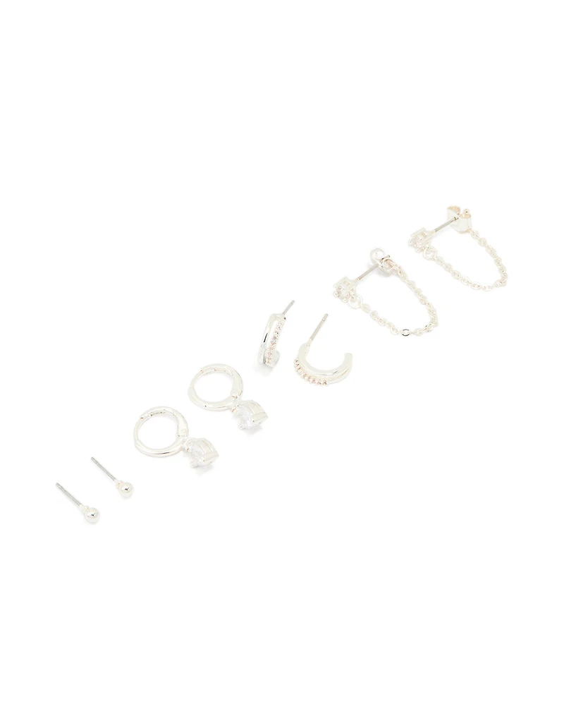 Silver Plated Brass Cubic Zirconia Heart Huggie & Stud Earrings 4-Pack