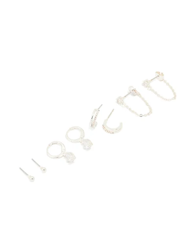 Silver Plated Brass Cubic Zirconia Heart Huggie & Stud Earrings 4-Pack