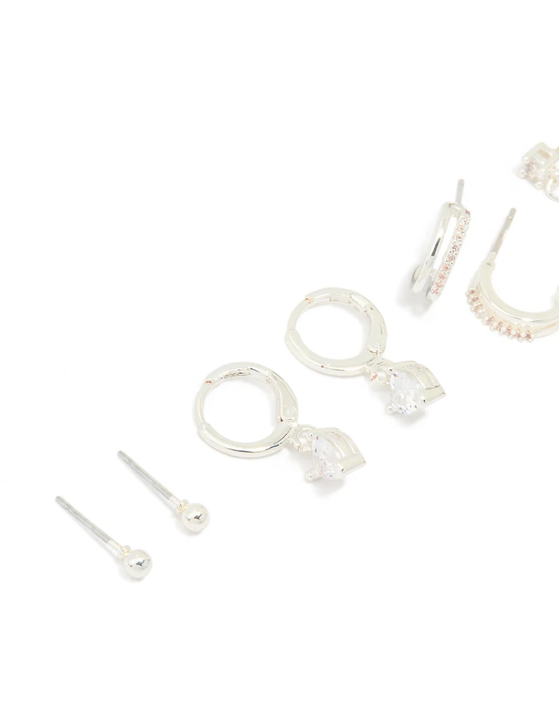 Silver Plated Brass Cubic Zirconia Heart Huggie & Stud Earrings 4-Pack