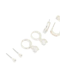 Silver Plated Brass Cubic Zirconia Heart Huggie & Stud Earrings 4-Pack