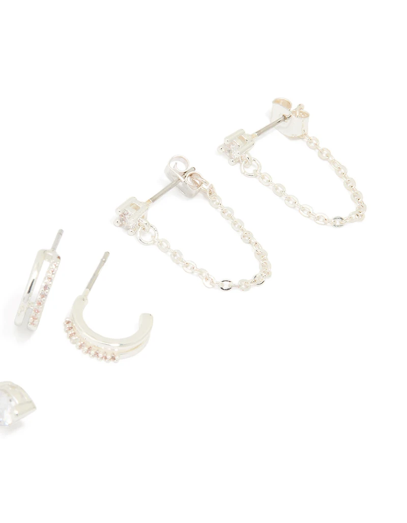 Silver Plated Brass Cubic Zirconia Heart Huggie & Stud Earrings 4-Pack