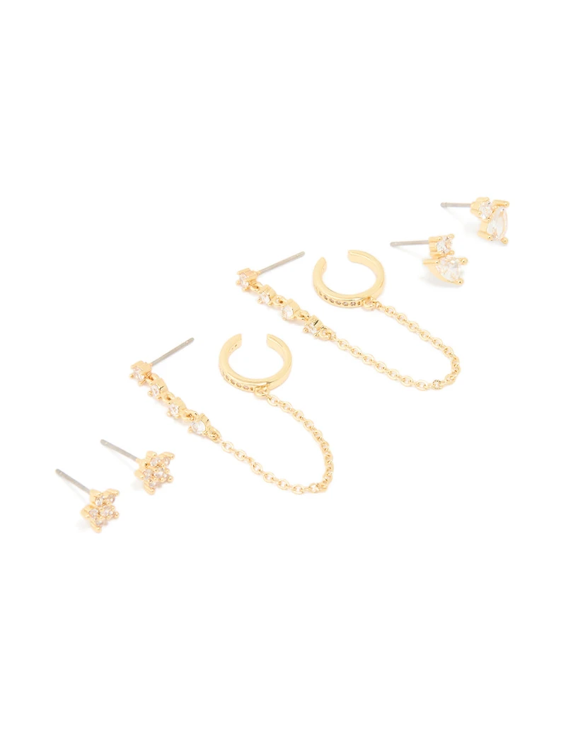 Gold Plated Brass Cubic Zirconia Stud & Chain Earrings 3-Pack