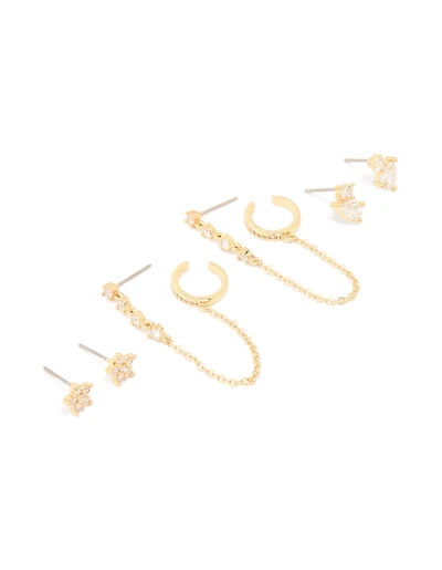 Gold Plated Brass Cubic Zirconia Stud & Chain Earrings 3-Pack