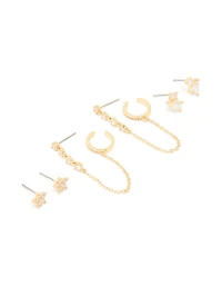 Gold Plated Brass Cubic Zirconia Stud & Chain Earrings 3-Pack