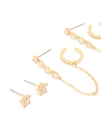 Gold Plated Brass Cubic Zirconia Stud & Chain Earrings 3-Pack