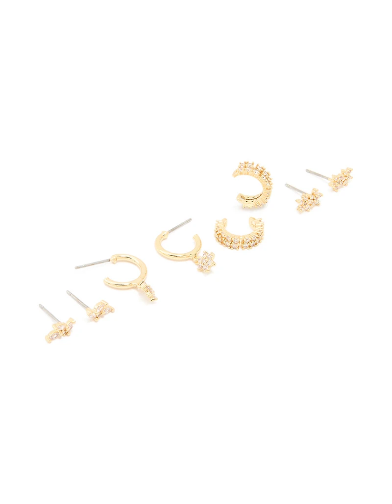 Gold Plated Brass Cubic Zirconia Flower Stud & Ear Cuff 5-Pack