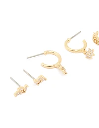 Gold Plated Brass Cubic Zirconia Flower Stud & Ear Cuff 5-Pack