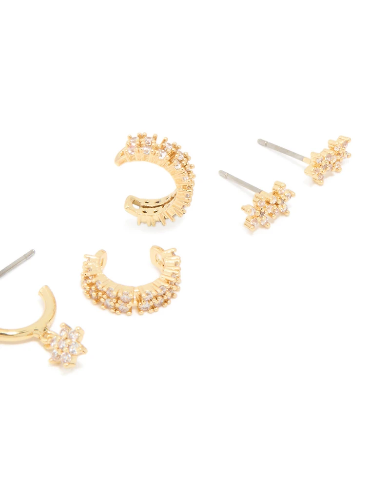 Gold Plated Brass Cubic Zirconia Flower Stud & Ear Cuff 5-Pack