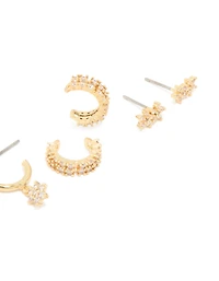 Gold Plated Brass Cubic Zirconia Flower Stud & Ear Cuff 5-Pack