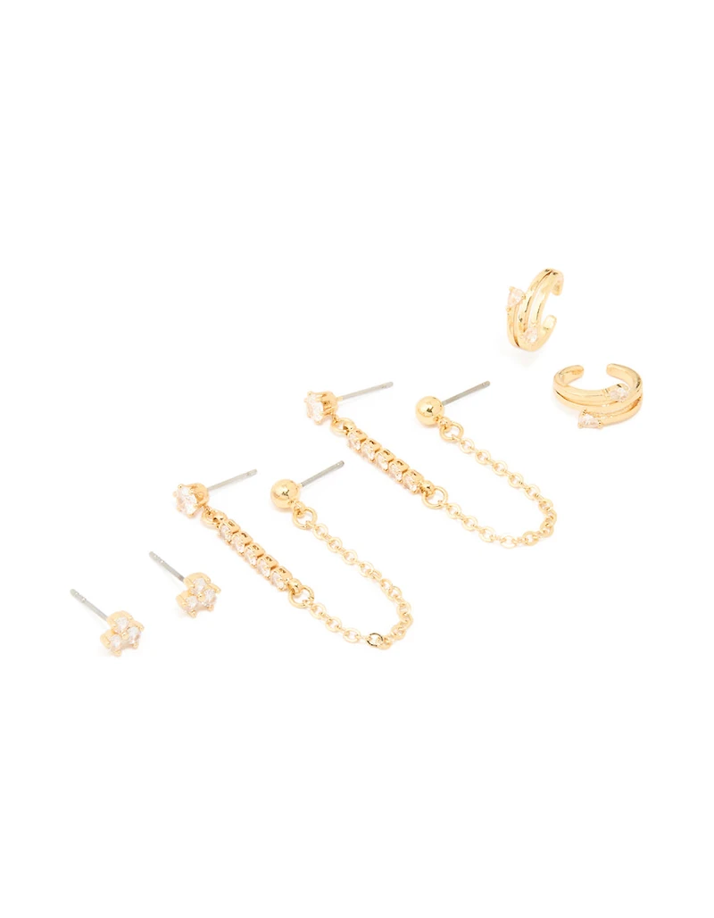 Gold Plated Brass Cubic Zirconia Chain Earrings & Ear Cuffs 3-Pack