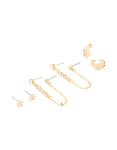 Gold Plated Brass Cubic Zirconia Chain Earrings & Ear Cuffs 3-Pack