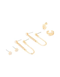Gold Plated Brass Cubic Zirconia Chain Earrings & Ear Cuffs 3-Pack