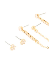 Gold Plated Brass Cubic Zirconia Chain Earrings & Ear Cuffs 3-Pack