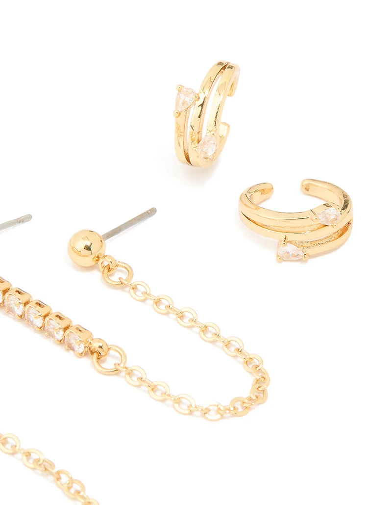 Gold Plated Brass Cubic Zirconia Chain Earrings & Ear Cuffs 3-Pack