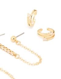 Gold Plated Brass Cubic Zirconia Chain Earrings & Ear Cuffs 3-Pack