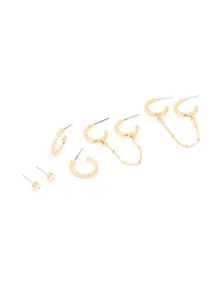 Gold Plated Brass Cubic Zirconia Hoop & Chain Earrings 3-Pack
