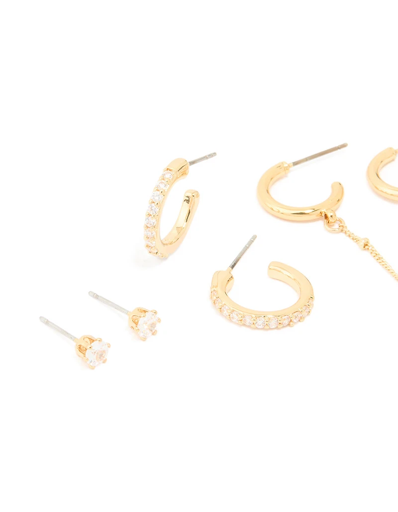 Gold Plated Brass Cubic Zirconia Hoop & Chain Earrings 3-Pack