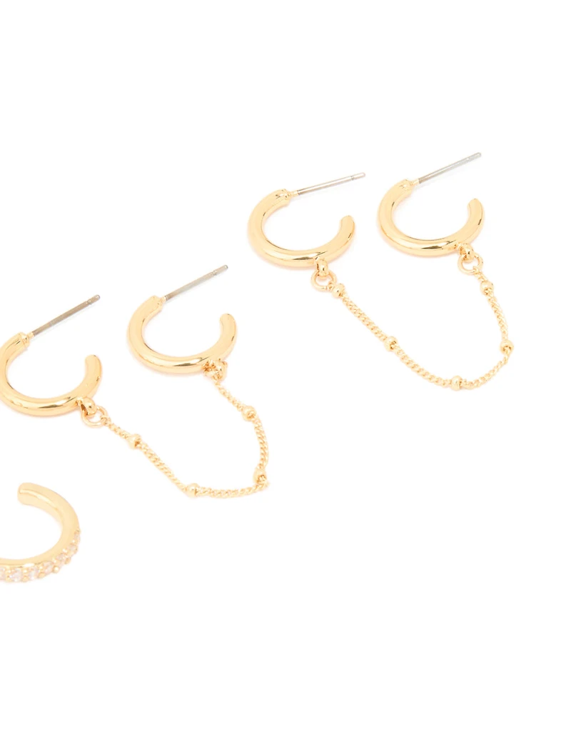 Gold Plated Brass Cubic Zirconia Hoop & Chain Earrings 3-Pack