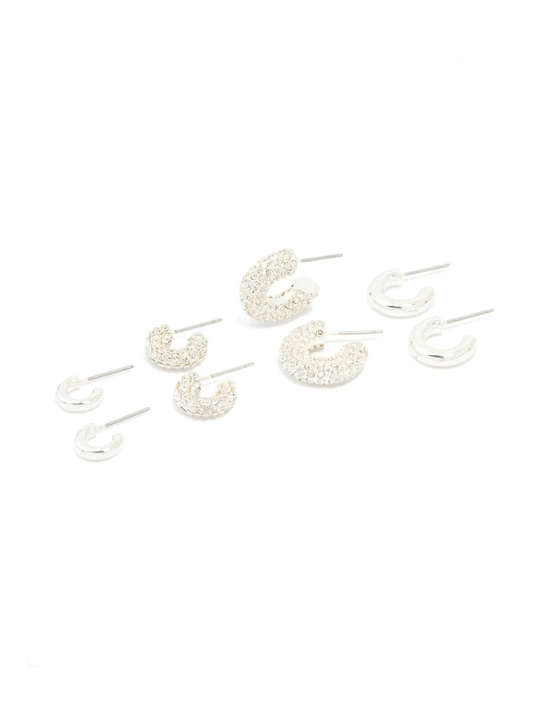 Silver Diamante & Polished Hoop Earrings 4-Pack
