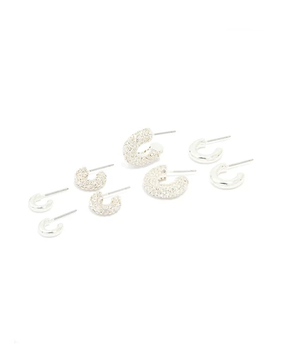 Silver Diamante & Polished Hoop Earrings 4-Pack