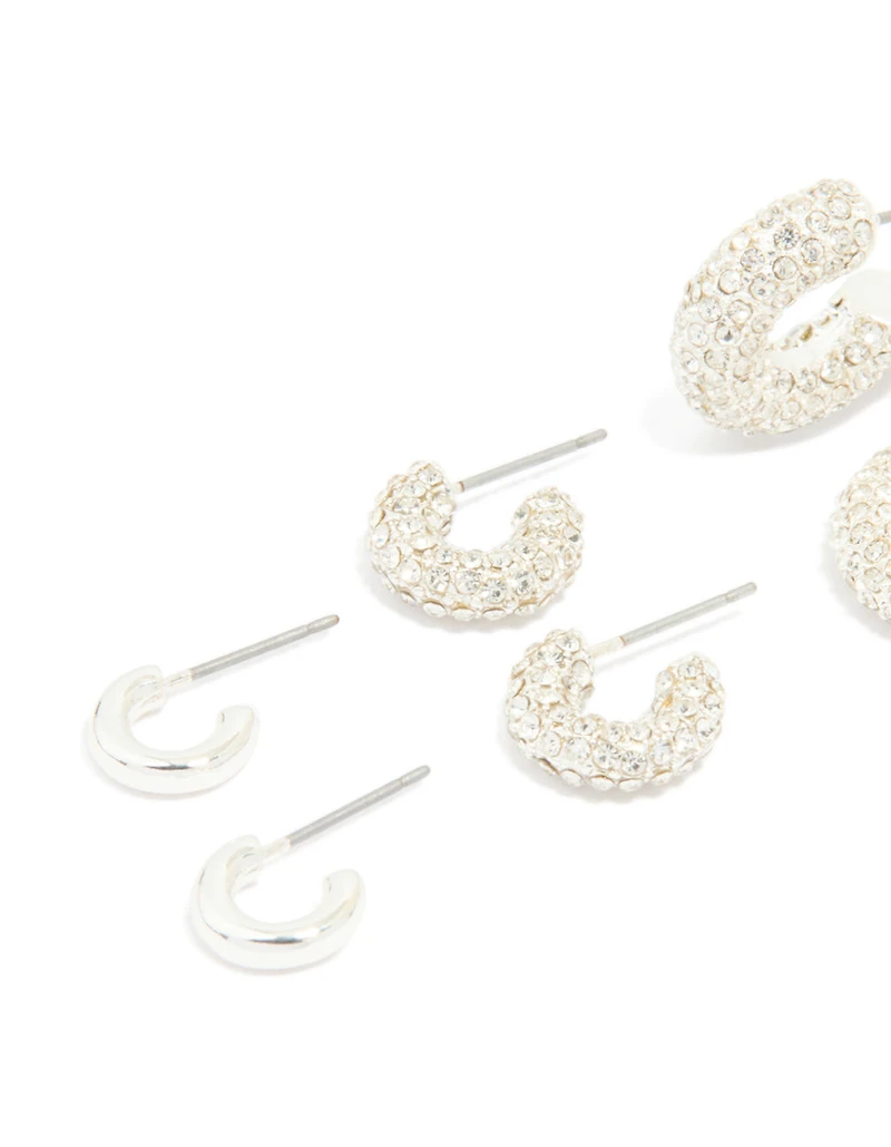 Silver Diamante & Polished Hoop Earrings 4-Pack