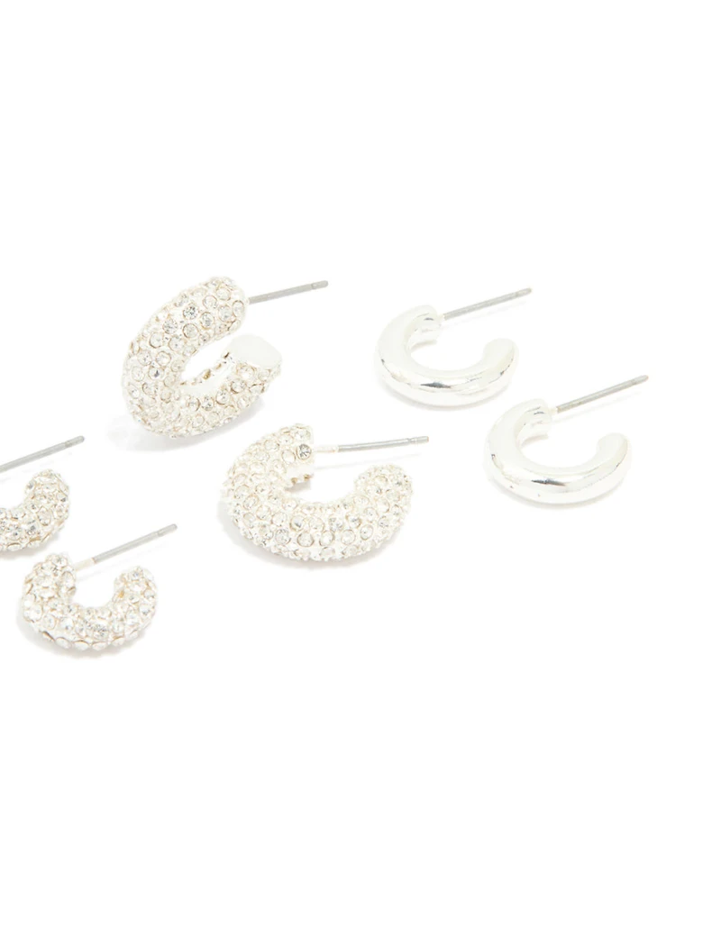 Silver Diamante & Polished Hoop Earrings 4-Pack