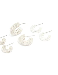 Silver Diamante & Polished Hoop Earrings 4-Pack