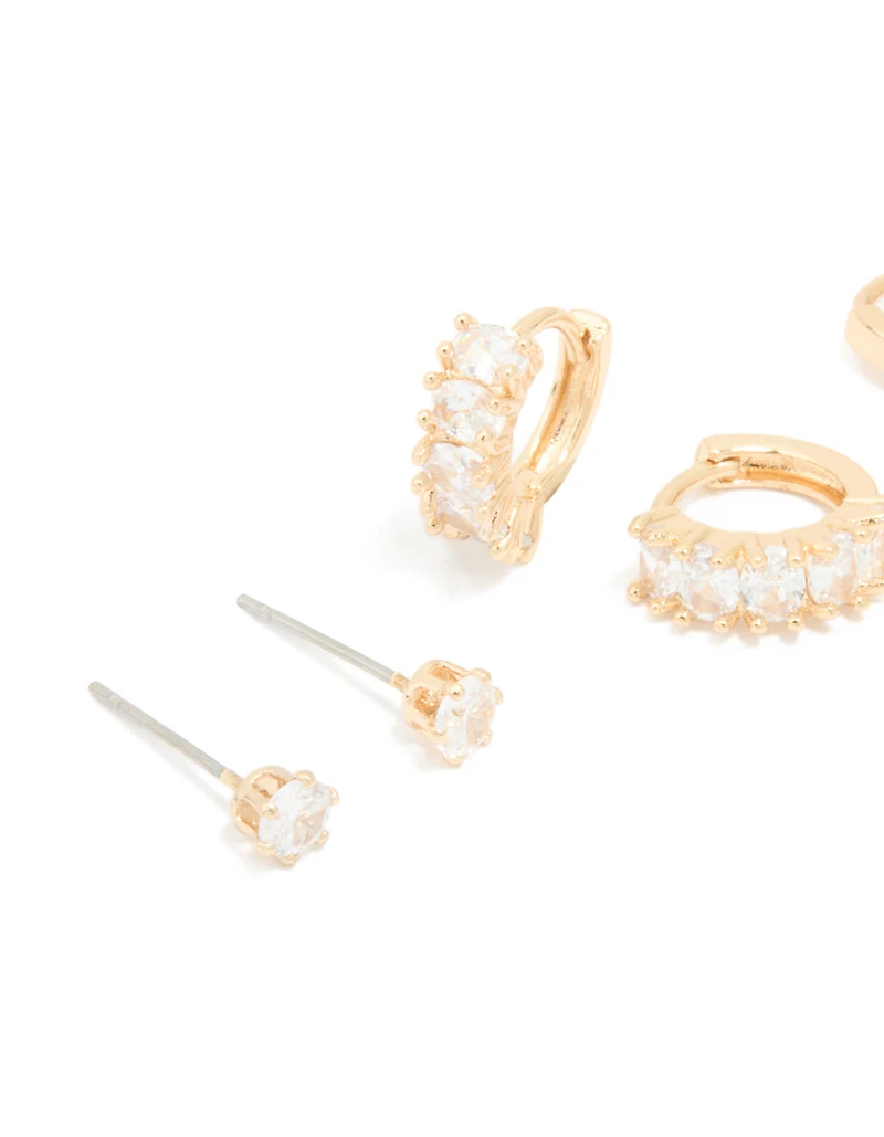 Gold Cubic Zirconia Hoop & Stud Earrings 3-Pack