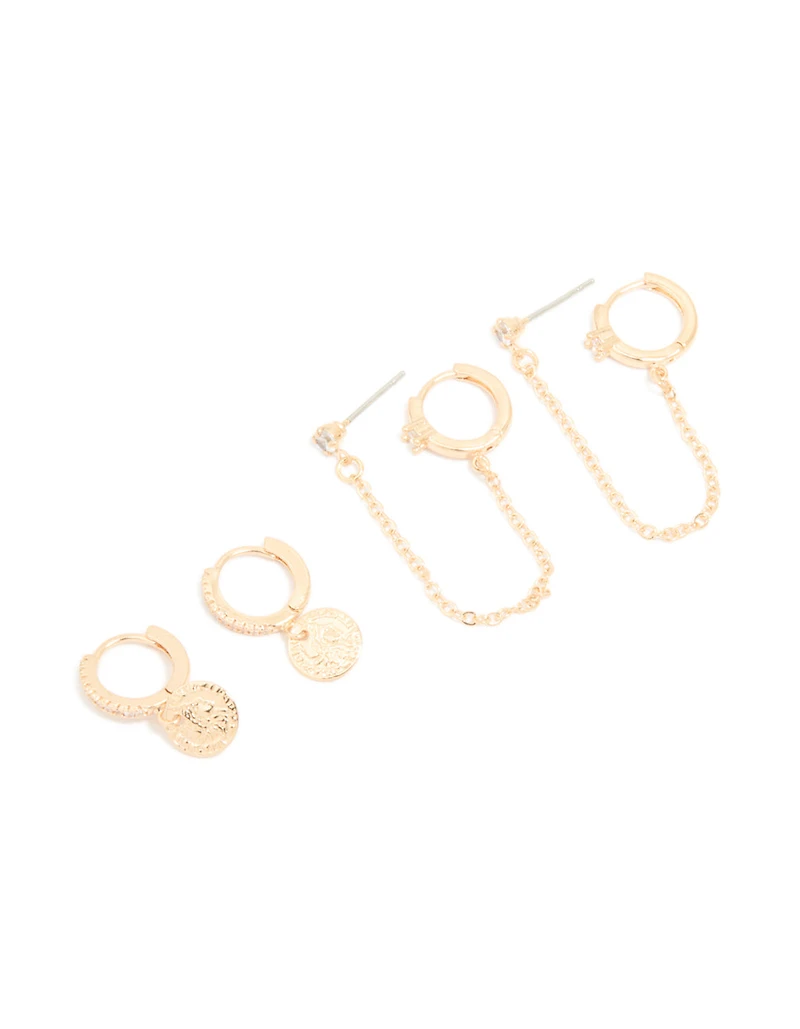 Gold Cubic Zirconia Molten Huggies & Chain Earrings 3-Pack