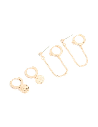 Gold Cubic Zirconia Molten Huggies & Chain Earrings 3-Pack