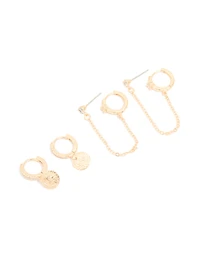 Gold Cubic Zirconia Molten Huggies & Chain Earrings 3-Pack