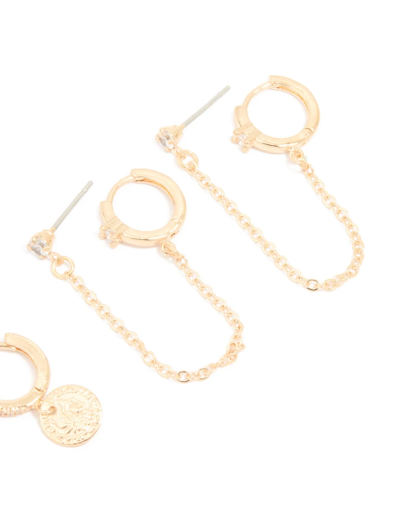 Gold Cubic Zirconia Molten Huggies & Chain Earrings 3-Pack
