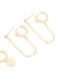 Gold Cubic Zirconia Molten Huggies & Chain Earrings 3-Pack