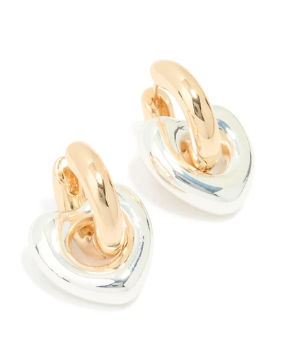 Mixed Metal Heart Drop Huggie Earrings