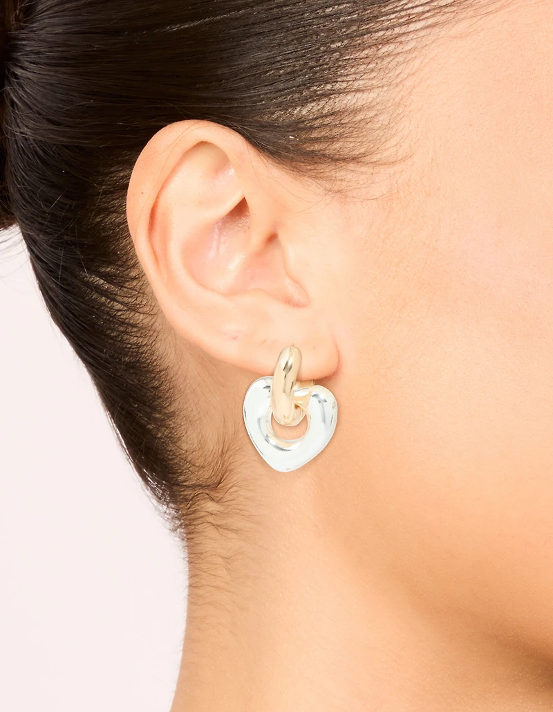 Mixed Metal Heart Drop Huggie Earrings