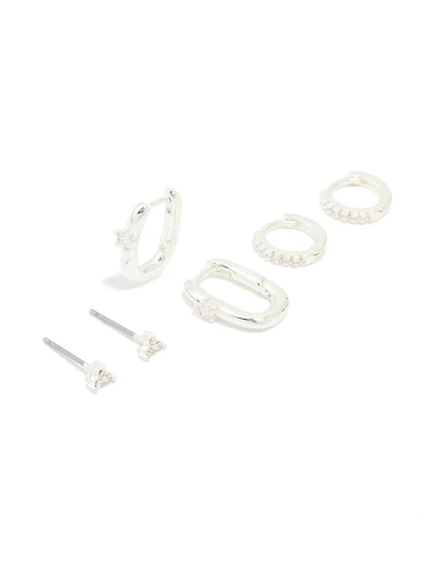 Silver Cubic Zirconia Rectangle Hoop & Stud Earrings 3-Pack