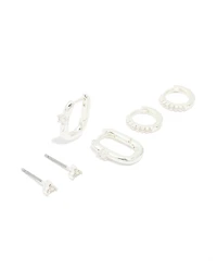Silver Cubic Zirconia Rectangle Hoop & Stud Earrings 3-Pack