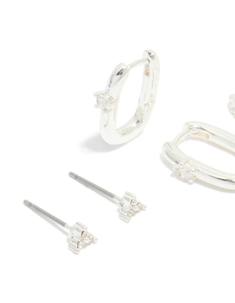 Silver Cubic Zirconia Rectangle Hoop & Stud Earrings 3-Pack