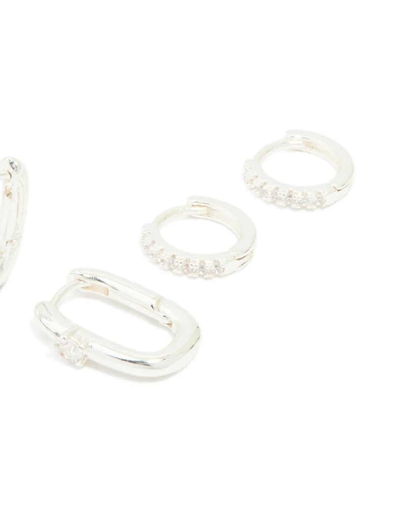 Silver Cubic Zirconia Rectangle Hoop & Stud Earrings 3-Pack