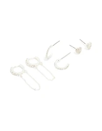 Silver Diamante Heart Hoop & Chain Earrings 3-Pack