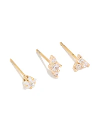 Gold Plated Surgical Steel Cubic Zirconia Teardrop & Triangle Stud Earrings Stack 3-Pack