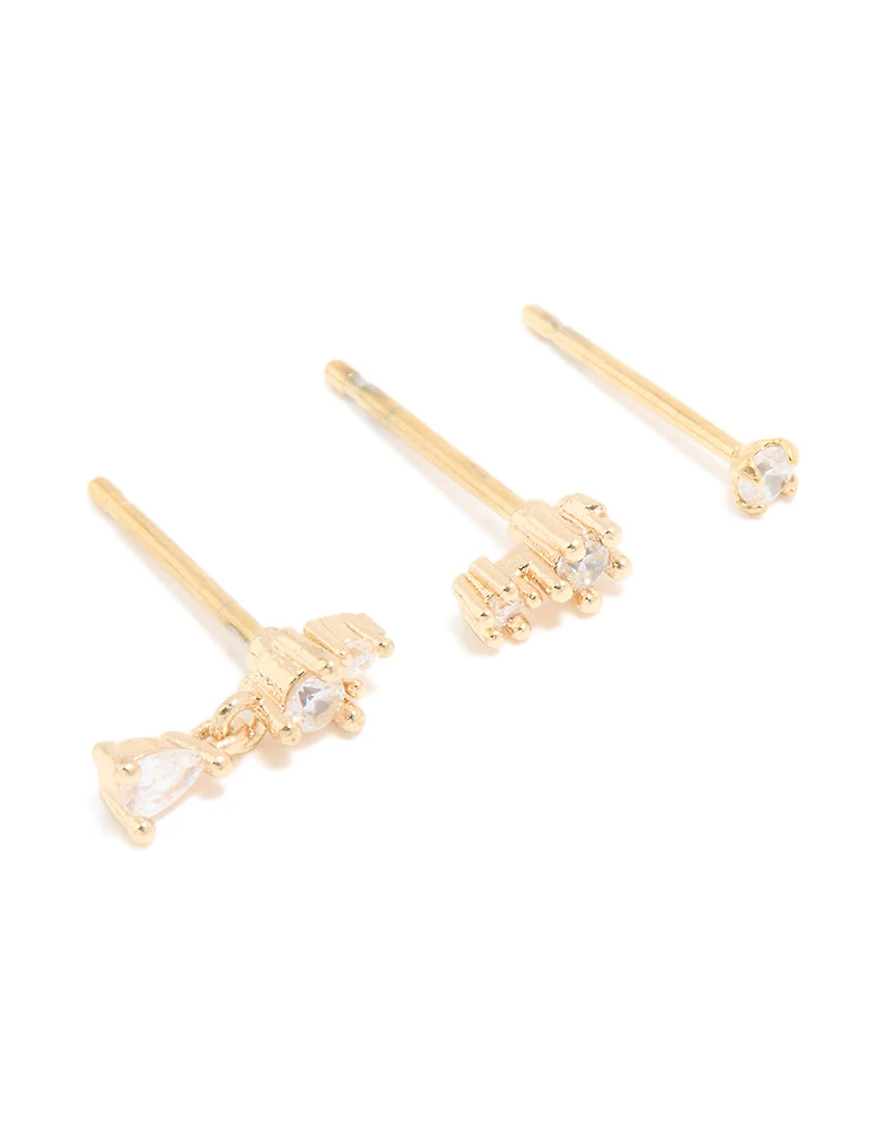 Gold Plated Surgical Steel Cubic Zirconia Drop Stacker Earrings 3-Pack
