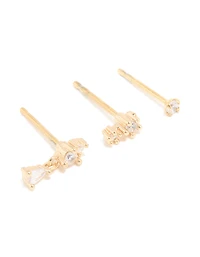 Gold Plated Surgical Steel Cubic Zirconia Drop Stacker Earrings 3-Pack