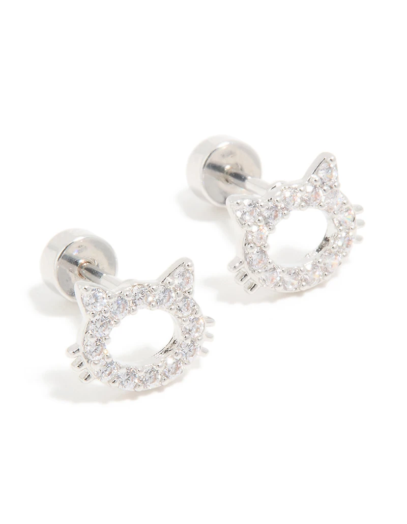 Kids Surgical Steel Cubic Zirconia Cat Flat Back Studs